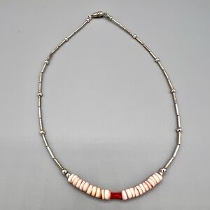 Vintage Liquid Silver Shell & Coral Bead Necklace. 15” long